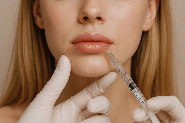 Injection d’acide hyaluronique dans la lèvre inférieure d’une femme jeune, en cabinet esthétique à Ablon-sur-Seine