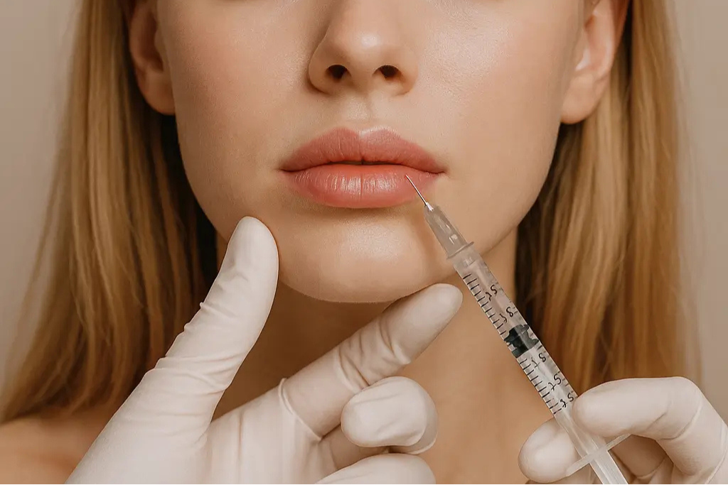 Injection des lèvres à l'acide hyaluronique ablon-sur-seine Injection d’acide hyaluronique dans la lèvre inférieure d’une femme jeune, en cabinet esthétique à Ablon-sur-Seine