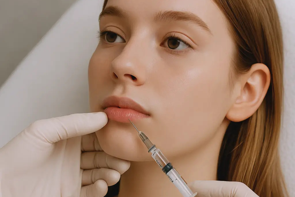 Injection des lèvres à l'acide hyaluronique près de Paris Acide hyaluronique lèvres : geste d’injection en médecine esthétique, patient détendu en cabinet près de Paris