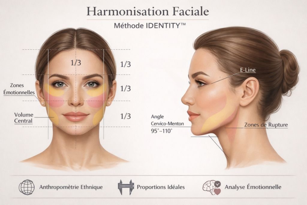 Injection des lèvres à l'acide hyaluronique ablon-sur-seine Schéma d’harmonisation faciale selon la méthode IDENTITY™ – proportions idéales et zones d’émotion – Dr Tordjmann Leslie