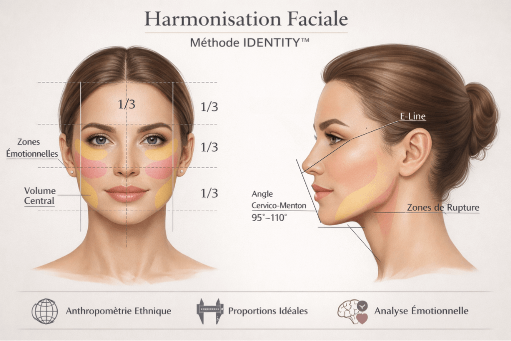 Schéma d’harmonisation faciale selon la méthode IDENTITY™ – proportions idéales et zones d’émotion – Dr Tordjmann Leslie